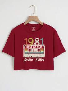 SHEIN EZwear 錄音帶和字母圖案短款T恤 - 酒紅色 - 查看 1