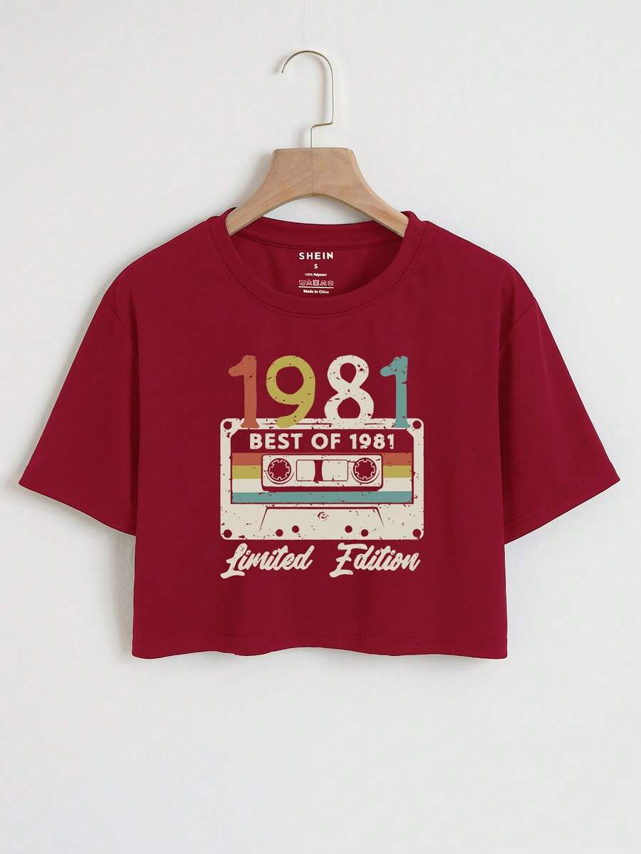 SHEIN EZwear 錄音帶和字母圖案短款T恤 - 酒紅色 - 查看 1