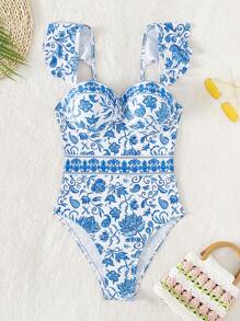 SHEIN Swim Summer Beach Floral Print Ruffle Trim Push Up One Piece Swimsuit - Blue and White - View 8