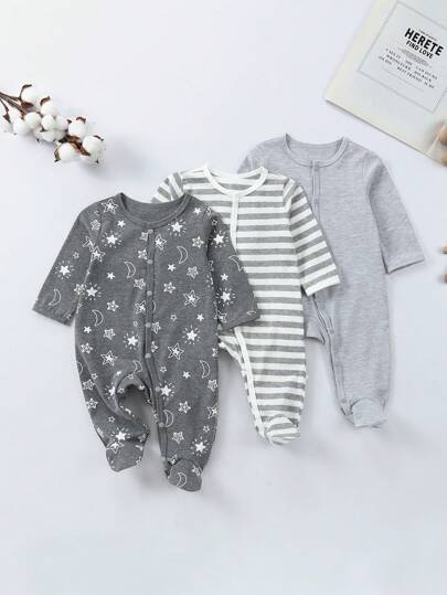 Conjunto de 3 piezas para niña bebé: mono con pies con estampado a rayas y de estrellas