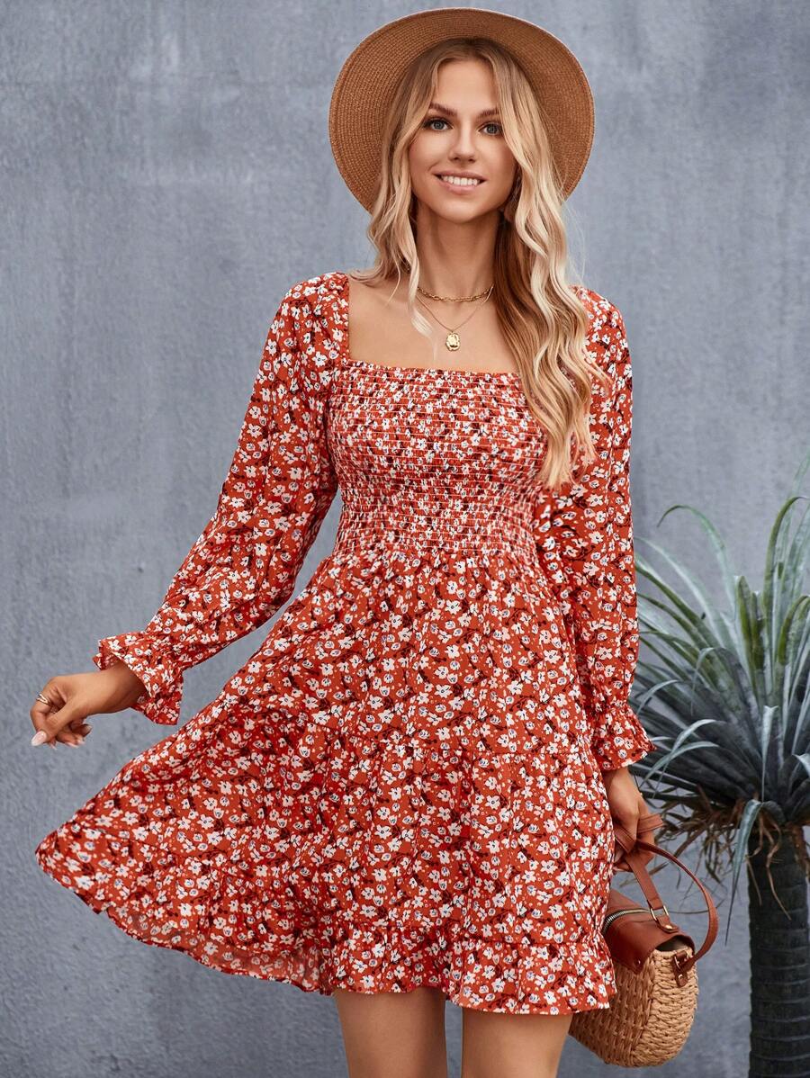 GENKIRA Ditsy Floral Print Flare Sleeve Ruffle Hem Dress - Multicolor - View 1