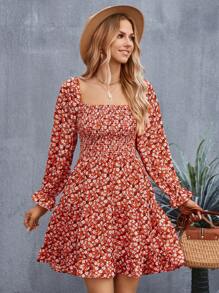 GENKIRA Ditsy Floral Print Flare Sleeve Ruffle Hem Dress - Multicolor - View 3