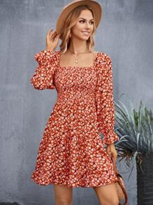 GENKIRA Ditsy Floral Print Flare Sleeve Ruffle Hem Dress - Multicolor - View 4