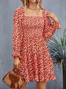 GENKIRA Ditsy Floral Print Flare Sleeve Ruffle Hem Dress - Multicolor - View 7