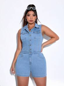 SHEIN EZwear Plus Flap Pocket Button Front Denim Romper - Light Wash - View 1