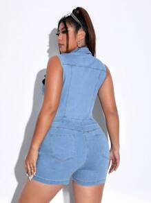 SHEIN EZwear Plus Flap Pocket Button Front Denim Romper - Light Wash - View 2