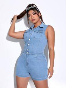 SHEIN EZwear Plus Flap Pocket Button Front Denim Romper - Light Wash - View 5