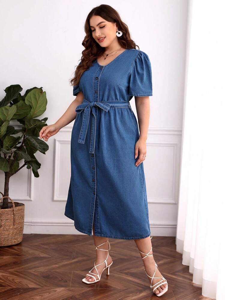 חגור כפתורים קדמיים פשוט קז'ואל שמלת דנם במידה גדולה - שטיפה בינונית - ראה 4