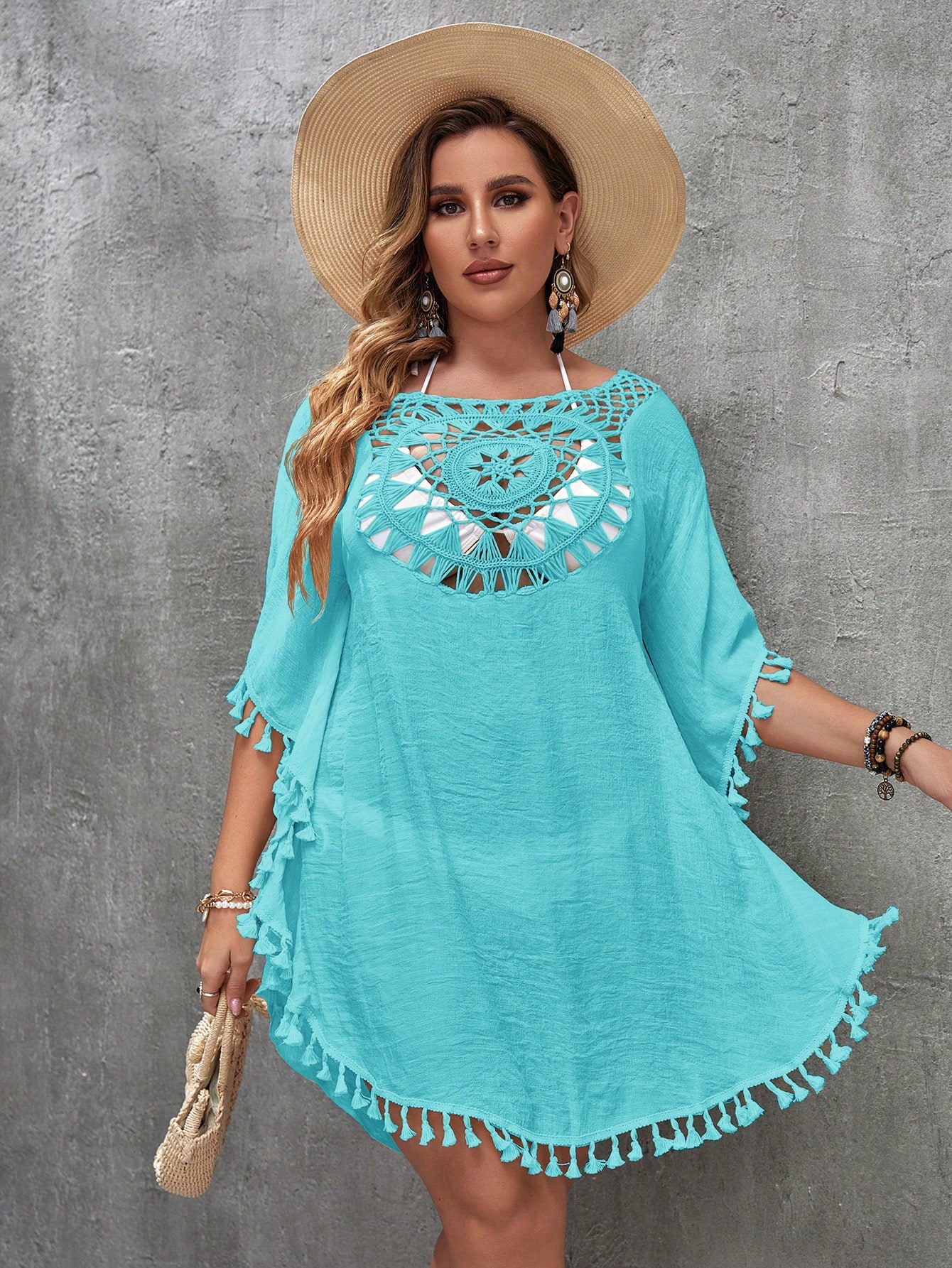 SHEIN VCAY Plus Tassel Trim Crochet Insert Cover Up Dress SHEIN UK