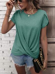 Áo thun nữ xoắn lại màu trơn Giải trí - Màu xanh Cadet - Xem 1