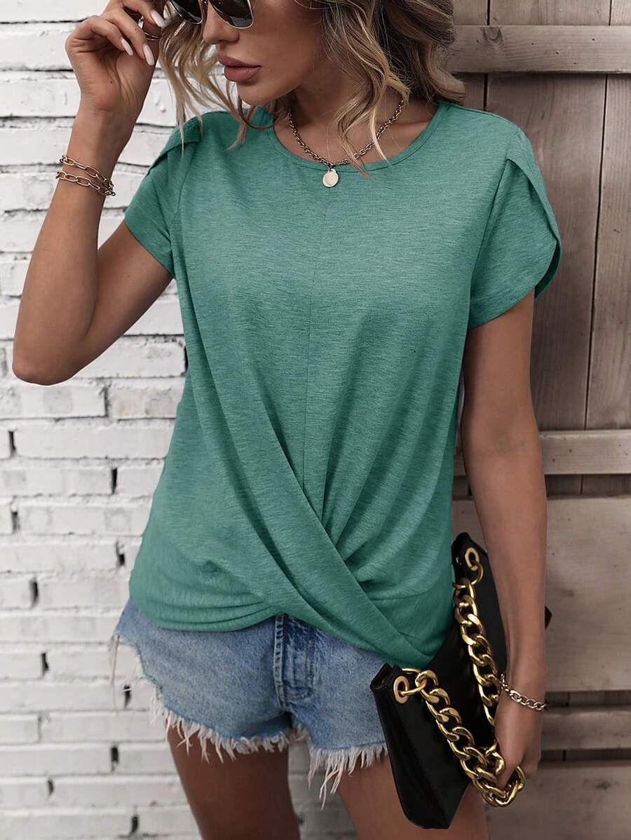 Áo thun nữ xoắn lại màu trơn Giải trí - Màu xanh Cadet - Xem 1