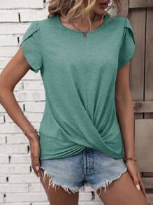 Áo thun nữ xoắn lại màu trơn Giải trí - Màu xanh Cadet - Xem 6