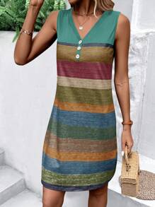 Color Block Button Detail Tank Dress - Green - View 6