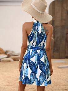 SHEIN VCAY Tropical Print Belted Halter Dress - Blue - View 2