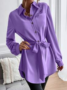 SHEIN Clasi Áo sơ mi nữ Thắt lưng Túi Nút phía trước màu trơn Giải trí - Màu tím - Xem 3