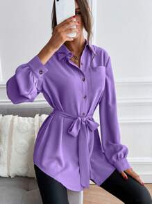 SHEIN Clasi Áo sơ mi nữ Thắt lưng Túi Nút phía trước màu trơn Giải trí - Màu tím - Xem 4