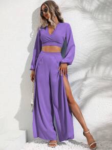 SHEIN VCAY 燈籠袖短款上衣和圍裹下擺長褲 - 紫色 - 查看 3