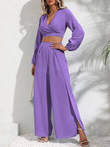 SHEIN VCAY 燈籠袖短款上衣和圍裹下擺長褲 - 紫色 - 查看 5