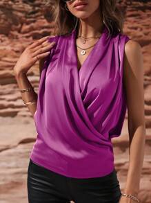 SHEIN Clasi Blusa unicolor fruncido de satén - Lila Púrpura - Ver 3