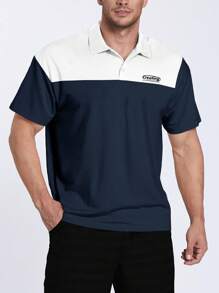 Aesthetic Post--Men Plus Letter Graphic Two Tone Polo Shirt - Blue and White - View 2