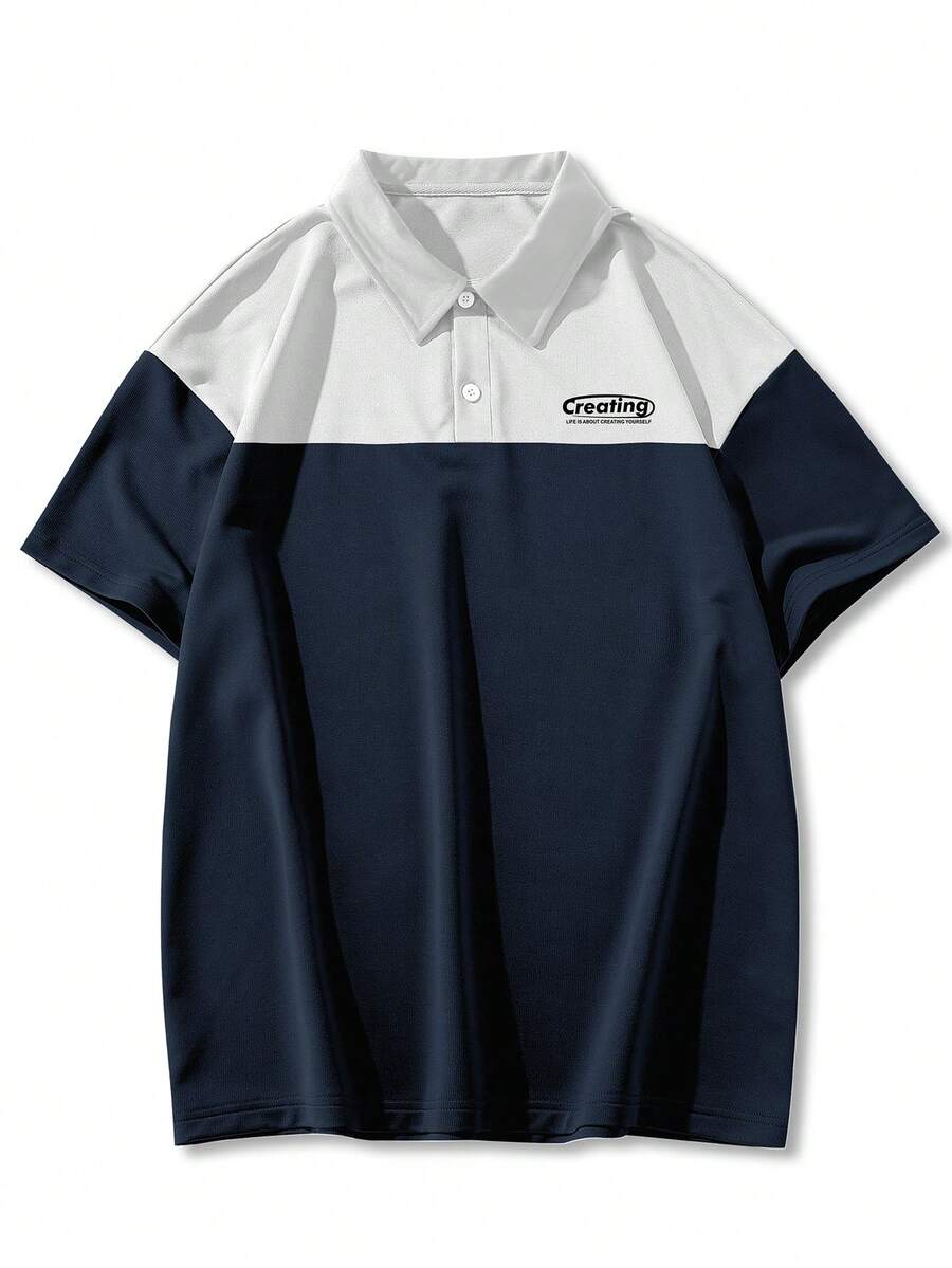 Aesthetic Post--Men Plus Letter Graphic Two Tone Polo Shirt - Blue and White - View 1