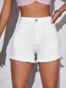 SHEIN PETITE Raw Hem Denim Shorts - White - View 4
