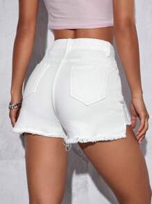 SHEIN PETITE Raw Hem Denim Shorts - White - View 3