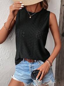 SHEIN LUNE Solid Eyelet Embroidery Tank Top - Black - View 4