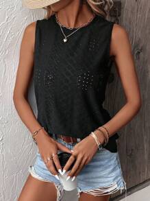 SHEIN LUNE Solid Eyelet Embroidery Tank Top - Black - View 5