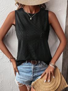 SHEIN LUNE Solid Eyelet Embroidery Tank Top - Black - View 6