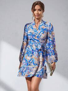 SHEIN Clasi 滿版印花燈籠袖荷葉邊繫腰帶連衣裙 - 彩色 - 查看 1