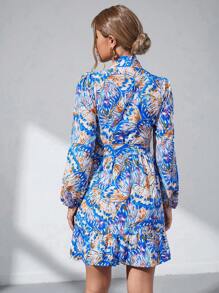 SHEIN Clasi 滿版印花燈籠袖荷葉邊繫腰帶連衣裙 - 彩色 - 查看 2