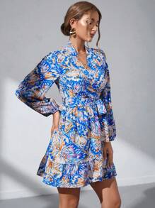 SHEIN Clasi 滿版印花燈籠袖荷葉邊繫腰帶連衣裙 - 彩色 - 查看 5