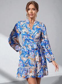 SHEIN Clasi 滿版印花燈籠袖荷葉邊繫腰帶連衣裙 - 彩色 - 查看 6