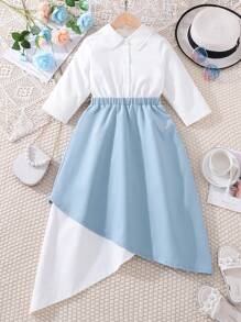 SHEIN Girls Two Tone Asymmetrical Hem Shirt Dress - Blue and White - View 1