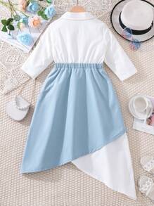 SHEIN Girls Two Tone Asymmetrical Hem Shirt Dress - Blue and White - View 2