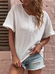SHEIN LUNE Half Button Drop Shoulder Tee - White - View 3