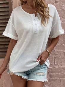 SHEIN LUNE Half Button Drop Shoulder Tee - White - View 4
