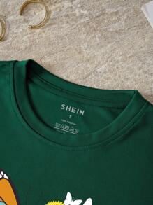 SHEIN LUNE Butterfly And Sunflower Print Tee - Dark Green - View 5
