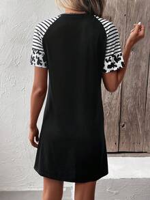 SHEIN LUNE Striped & Leopard Print Raglan Sleeve Twist Hem Tee Dress - Black - View 2