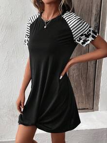SHEIN LUNE Striped & Leopard Print Raglan Sleeve Twist Hem Tee Dress - Black - View 3