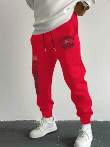 Manfinity Hypemode 男士字母圖案束口腰運動長褲 - 紅色 - 查看 1