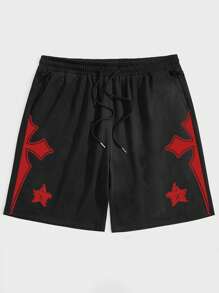 ROMWE MEN Street Life 男士交叉星星印花腰部抽繩短褲 - 黑色 - 查看 1