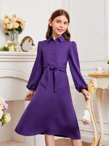 SHEIN 女孩燈籠袖前繫帶襯衫連衣裙 - 紫羅蘭色 - 查看 1
