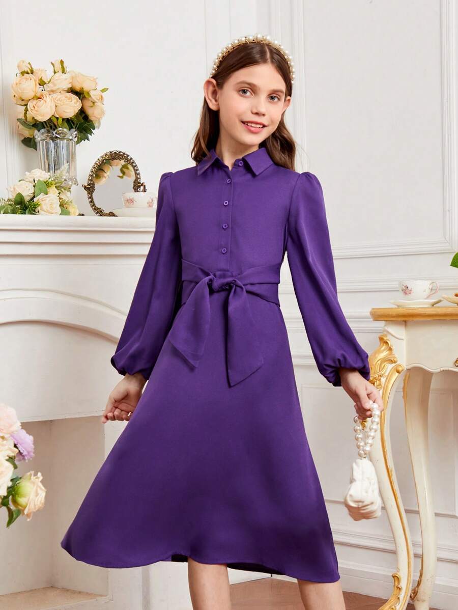 SHEIN 女孩燈籠袖前繫帶襯衫連衣裙 - 紫羅蘭色 - 查看 1