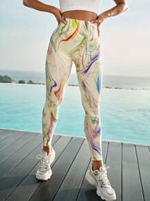 Yoga Trendy 滿版印花寬腰帶運動打底褲 - 彩色 - 查看 6