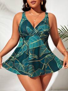 SHEIN Swim Curve Summer Beach Plus Size Tropical Print Swim Dress - Dark Green - View 3