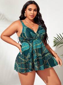 SHEIN Swim Curve Summer Beach Plus Size Tropical Print Swim Dress - Dark Green - View 4