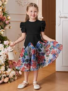 SHEIN 女童短款羊腿袖拼接歐根紗A字洋裝，收腰