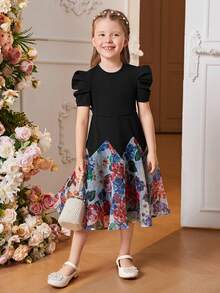 SHEIN 女童短款羊腿袖拼接歐根紗A字洋裝，收腰